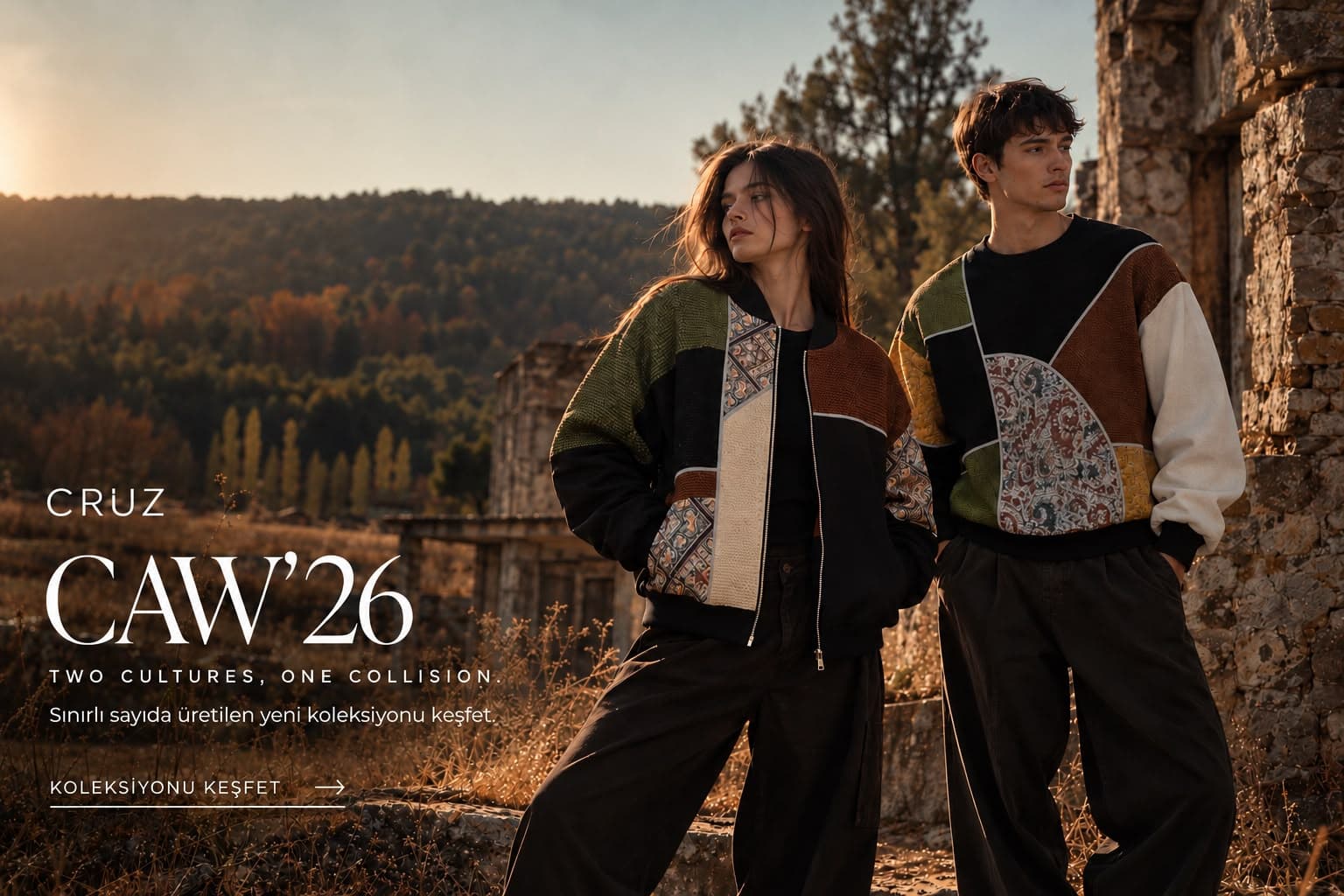 CRUZ CAW’26 kampanyası: gün batımında taş yapıların önünde patchwork bomber ceket ve patchwork sweatshirt giyen iki model. Görselde “CRUZ CAW’26 — Two cultures, one collision.” yazıyor.