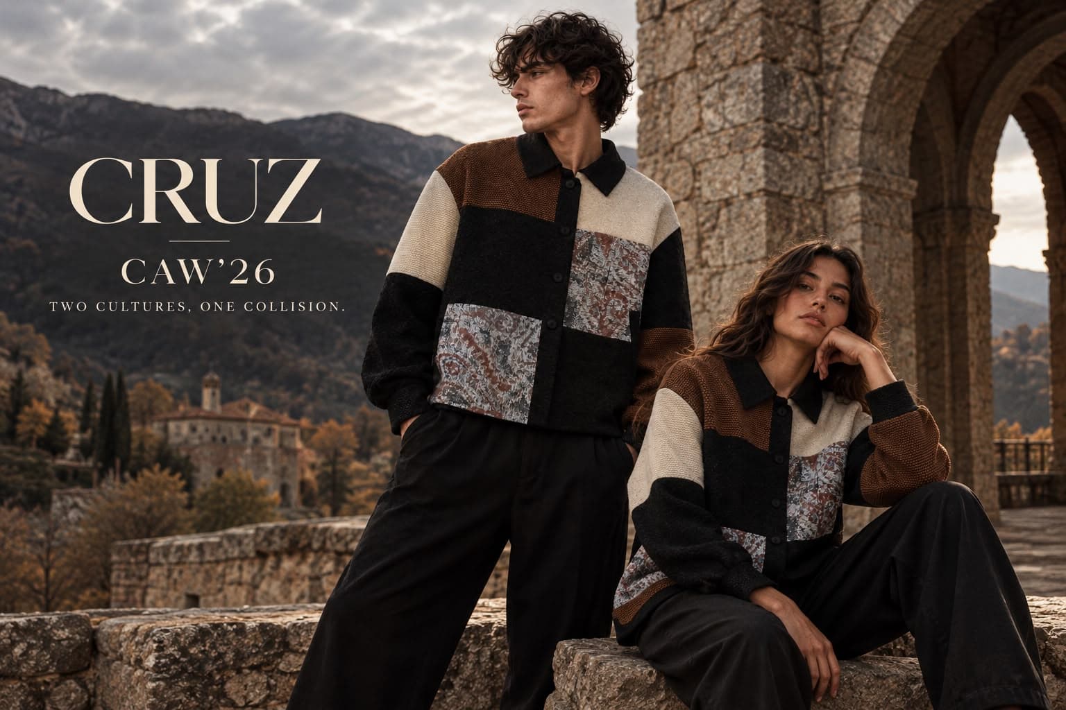 CRUZ CAW’26 kampanyası: dağ manzaralı, taş kemerli bir terasta patchwork kaşe gömlek giyen iki model. Görselde “CRUZ CAW’26 — Two cultures, one collision.” yazıyor.