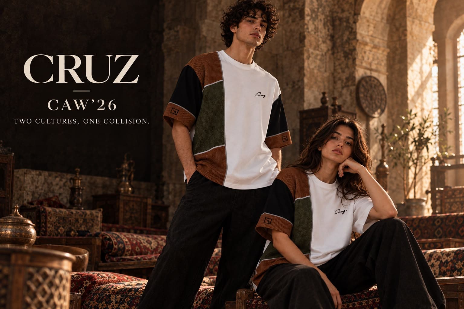 CRUZ CAW’26 kampanyası: halılarla döşeli taş bir iç mekânda patchwork tişört giyen iki model. Görselde “CRUZ CAW’26 — Two cultures, one collision.” yazıyor.